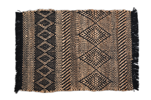 Handmade Black Jute Dari with Golden Design & Tassels
