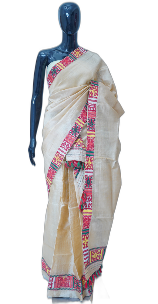 Toss by Cotton Patchwork Mekhela Sador – Cream with Multi-Color Border