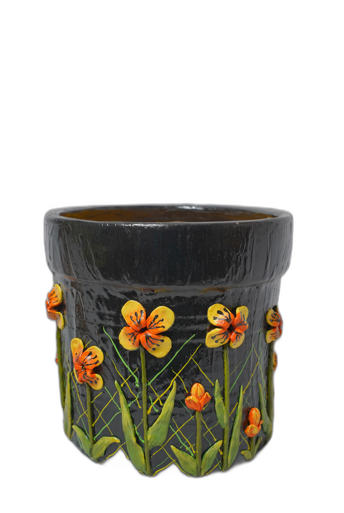 Clay Art Flower Design Pot – Black with Yellow Flowers
