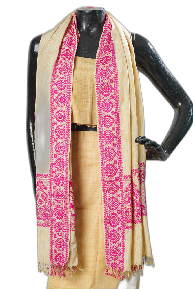 Pink & White Handloom Muga Ghisa Silk Shawl