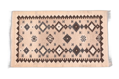 Handwoven Beige Woolen Carpet with Brown Border & Intricate Patterns
