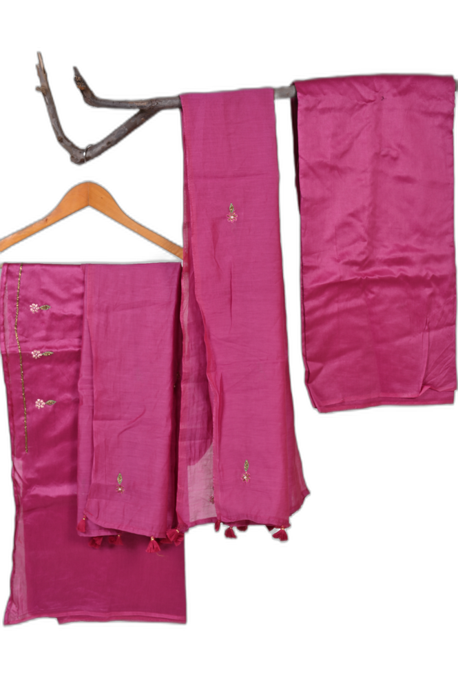 Hand Embroidered Zardozi Unstitched Suit –-Dark Pink
