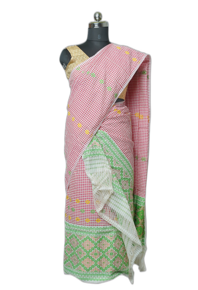 Baby Pink & Green Noni Cotton Sador Mekhela