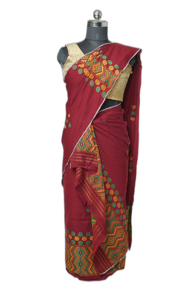 Maroon Mising Garo Sador Mekhela