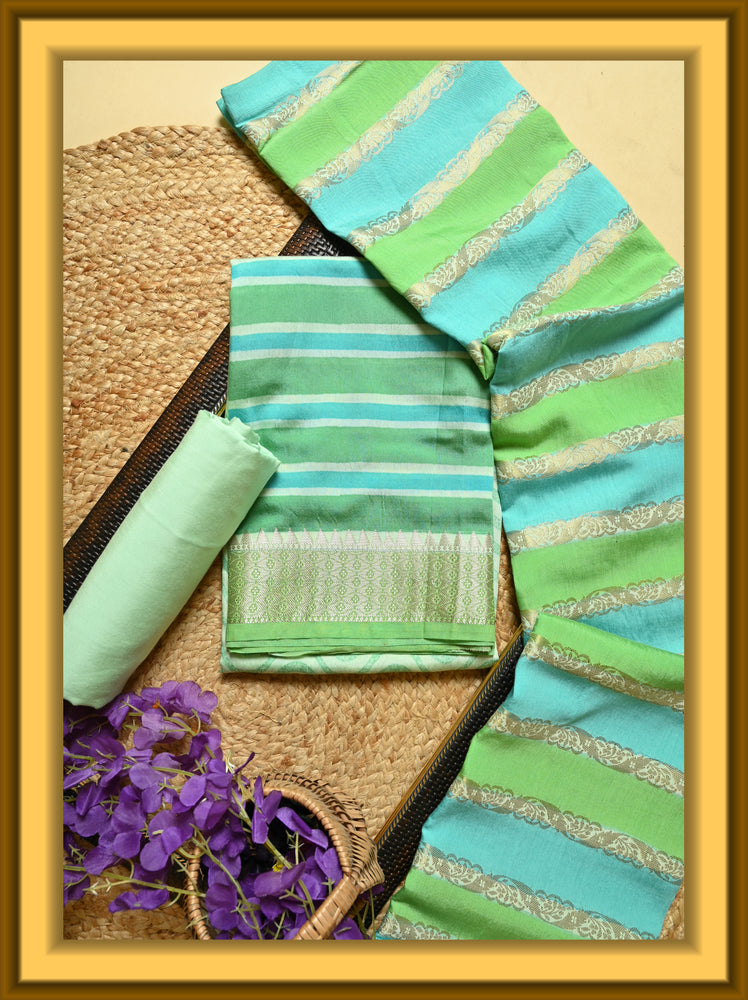 Hand Dyed Block Print Cotton Suit (Unstitched) – Green & Light Blue Stripe