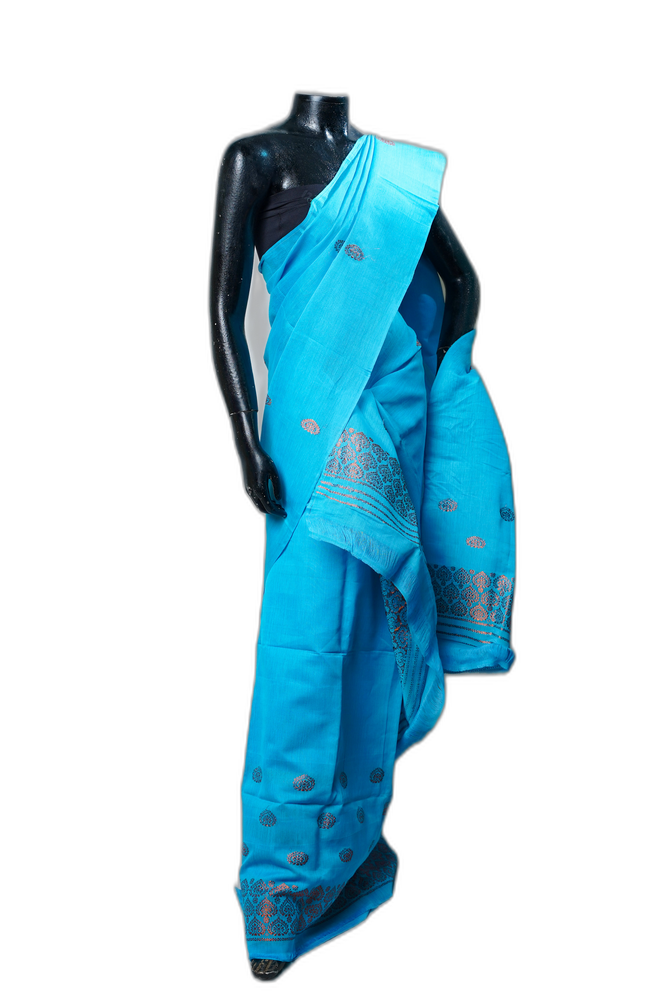 Masrize Cotton Mekhela Sador – Blue with Golden Motifs