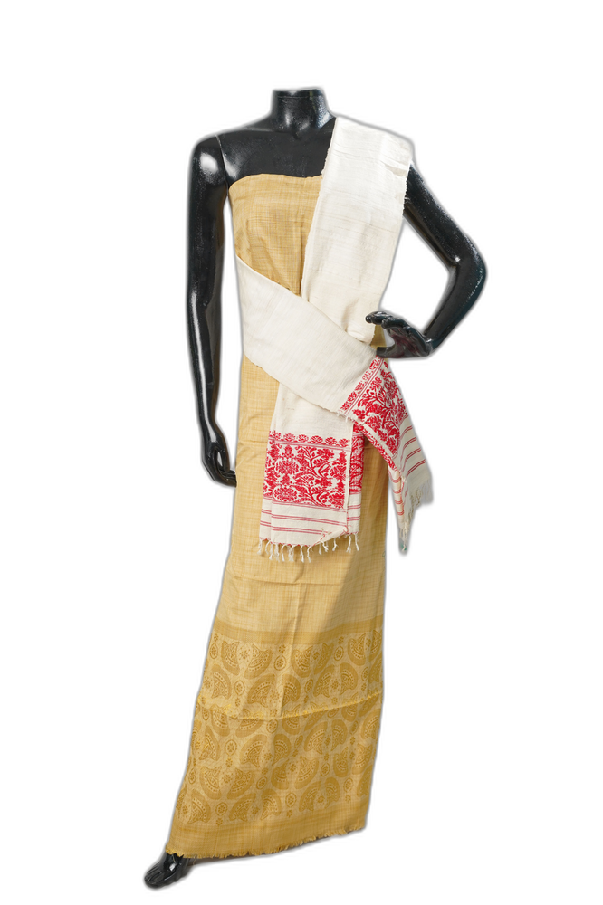 Muga Silk Shawl – White & Red Border