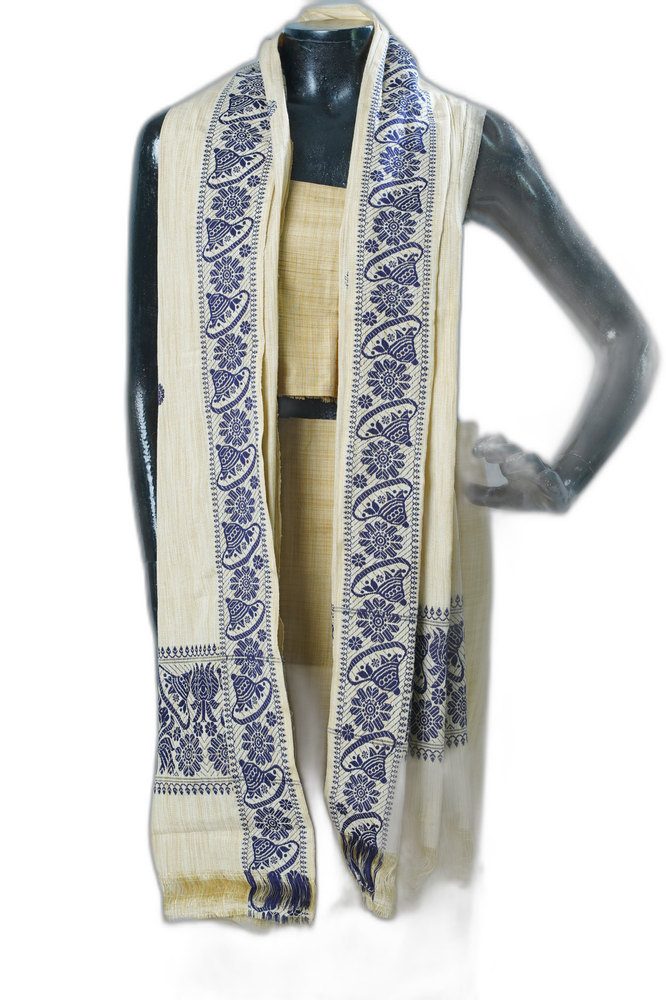 Blue & White Handloom Muga Ghisa Silk Shawl