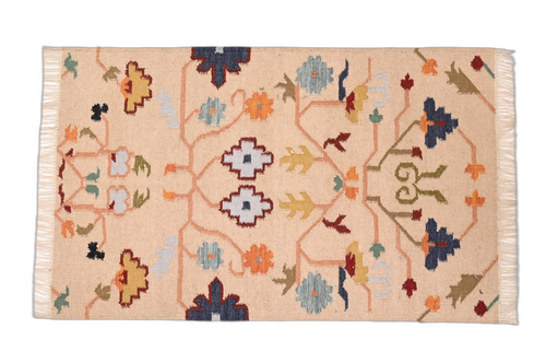 White Carpet with Multicolor Design Varanasi Woolen Carpet