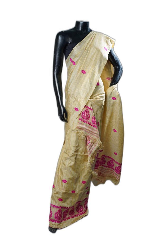 Assam Pure Silk Sador Mekhela – Cream with Pink Motifs