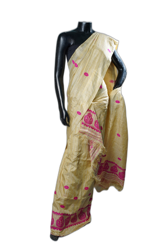 Assam Pure Silk Sador Mekhela – Cream with Pink Motifs