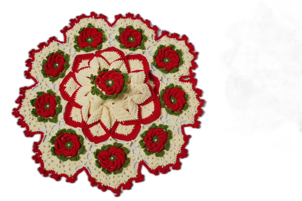 Hand Crochet Large Table/Pot Mat – White with Red Flowers