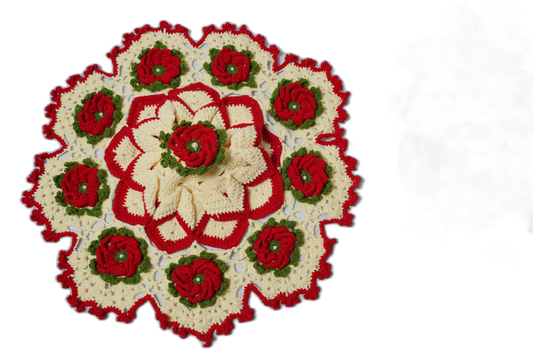 Hand Crochet Large Table/Pot Mat – White with Red Flowers
