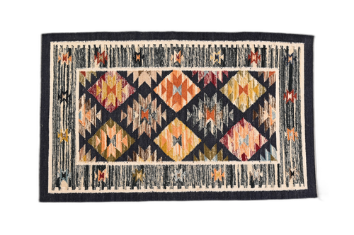 Black & Grey with Multicolor Design Woolen Carpet