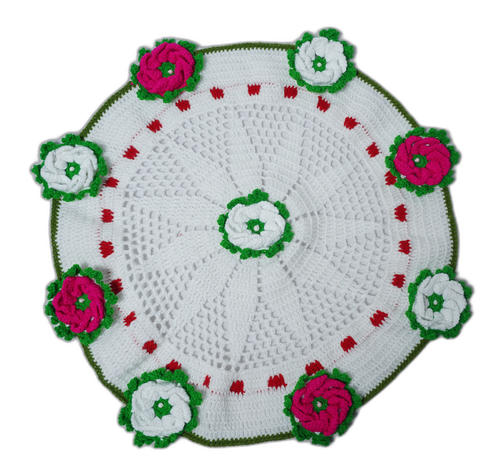 Hand Crochet Circular Table Centerpiece – White with Red Flowers