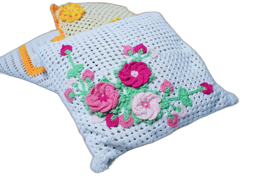 Handmade 5-Piece Large Cushion Cover Set – White with Floral Patterns