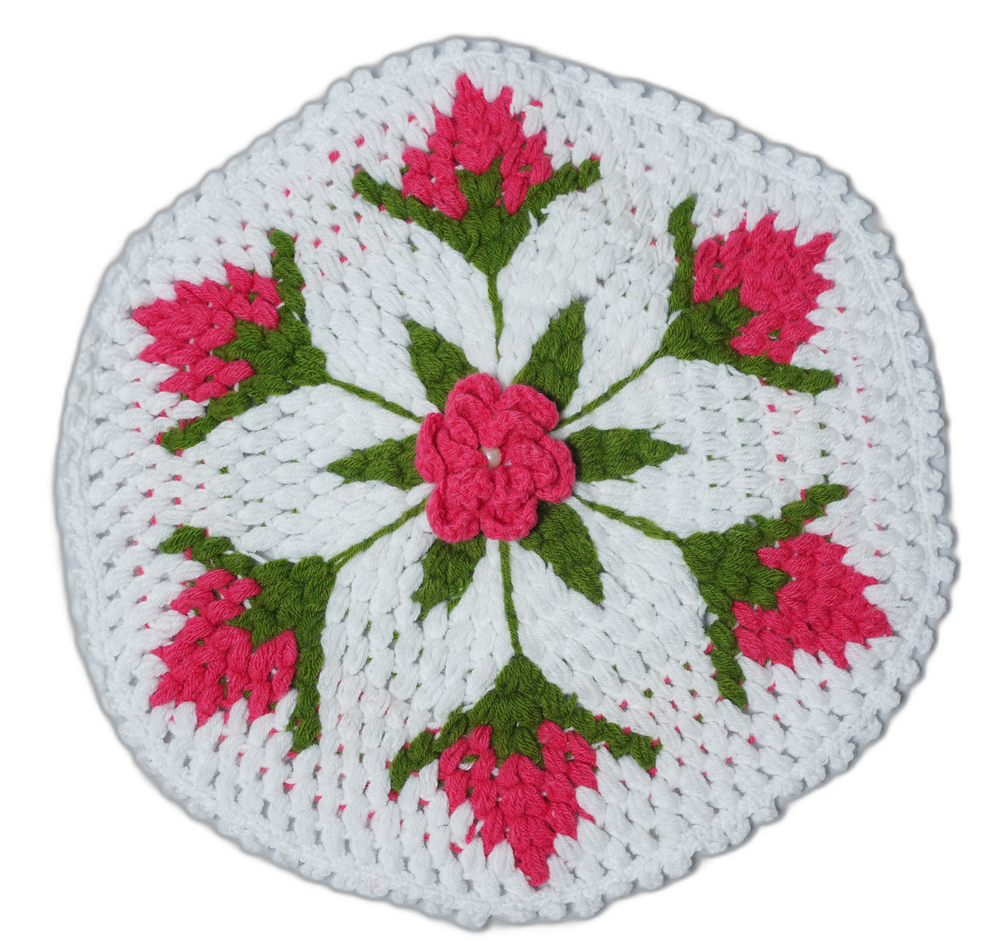 Hand Crochet Small Circular Mat – White with Pink Flowers