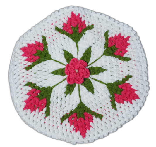 Hand Crochet Small Circular Mat – White with Pink Flowers
