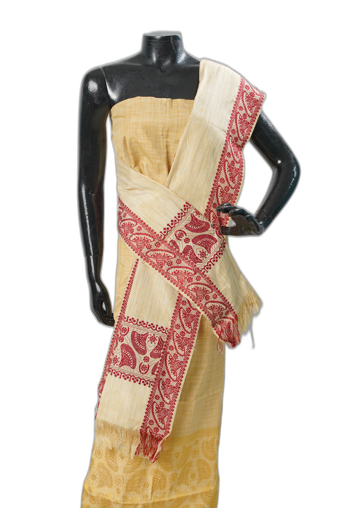 White & Red Handloom Assamese Muga Ghisa Silk Shawl