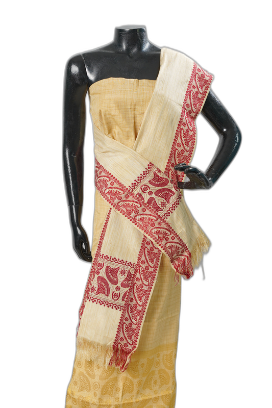 White & Red Handloom Assamese Muga Ghisa Silk Shawl