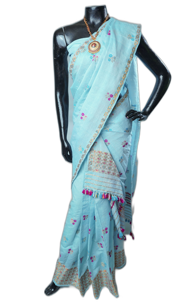 Blue Mekhela Sador with Guna Silk Embroidery