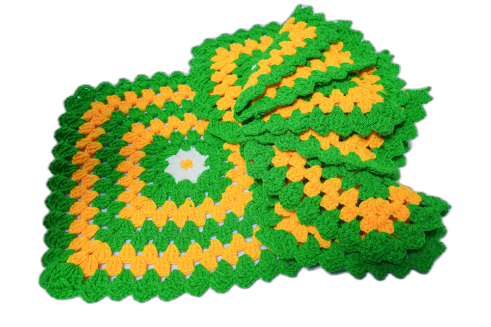 Handmade Crochet Round Coasters (Set of 6) – Green & Yellow