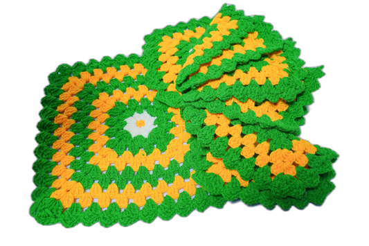 Handmade Crochet Round Coasters (Set of 6) – Green & Yellow