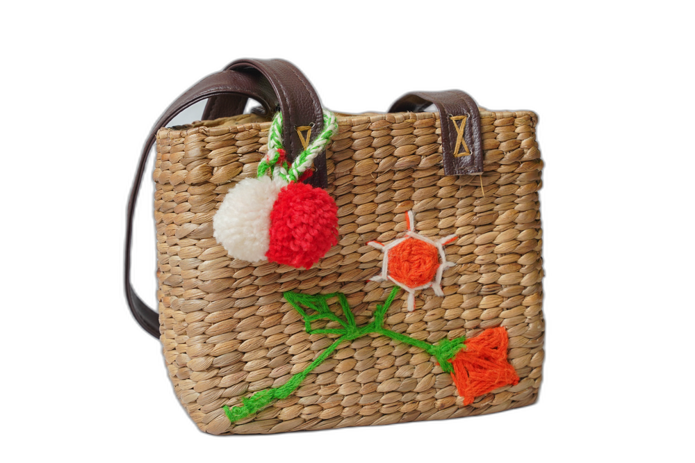 Handmade Water Hyacinth Shoulder Bag with Leather Handles