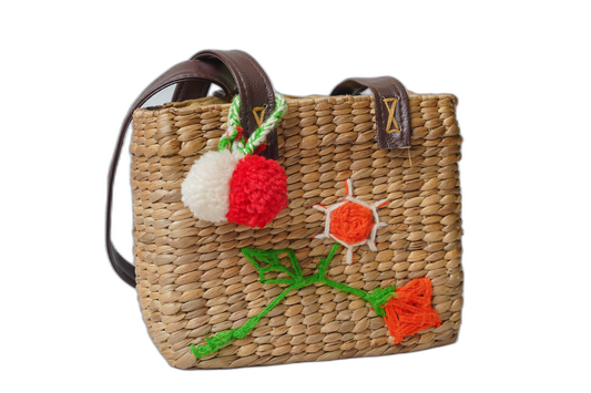 Handmade Water Hyacinth Shoulder Bag with Leather Handles
