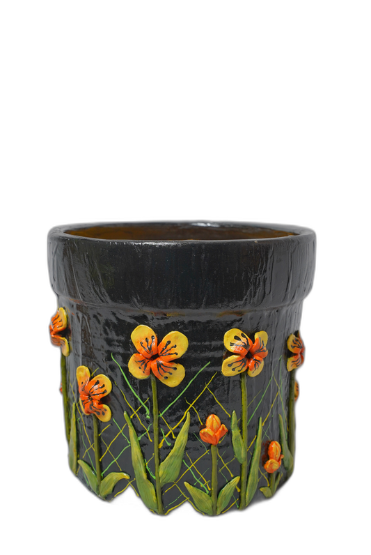 Clay Art Flower Design Pot – Black with Yellow Flowers
