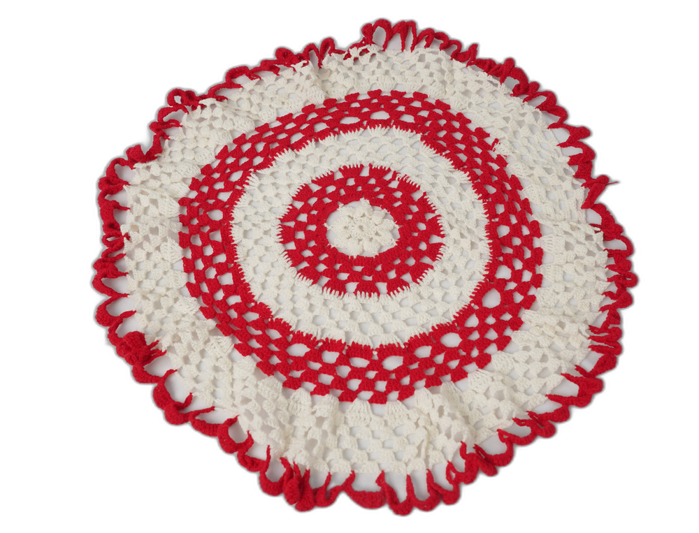 Elegant Red & White Crochet Table Mat – Large