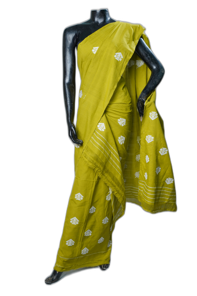 Assamese Handloom Sador Mekhela Saree – Green with White Motifs