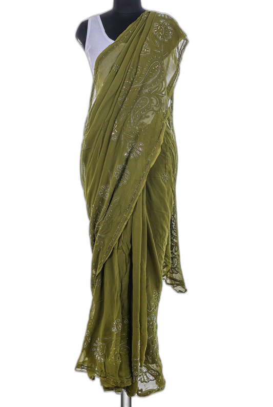 Olive Green Saree – Chikan Dhaga Multi Embroidery
