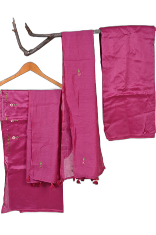 Hand Embroidered Zardozi Unstitched Suit –-Dark Pink
