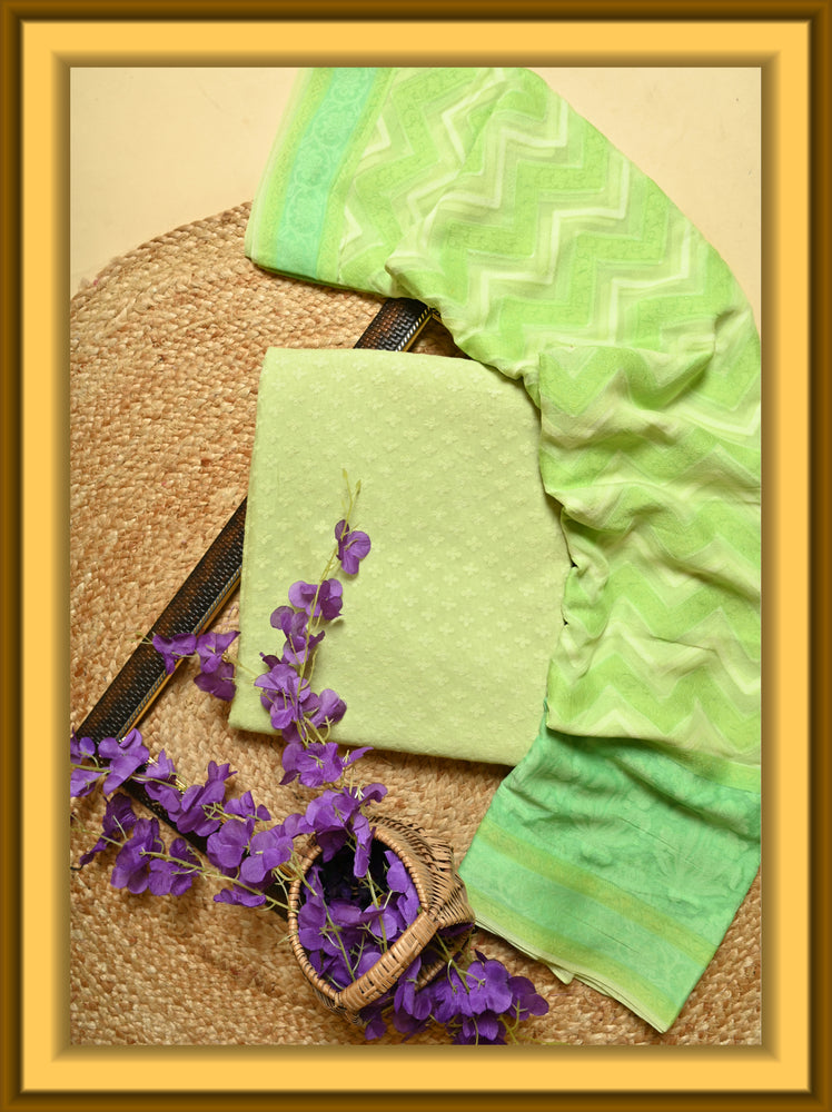 Hand Printed Cotton Green Suit (Unstitched)