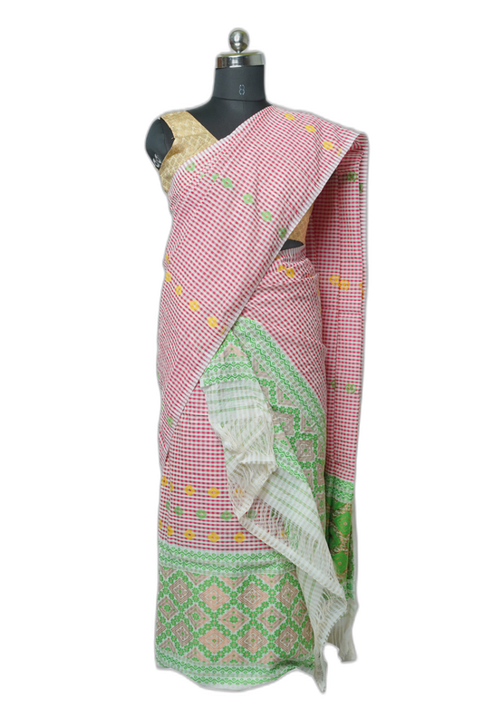 Baby Pink & Green Noni Cotton Sador Mekhela