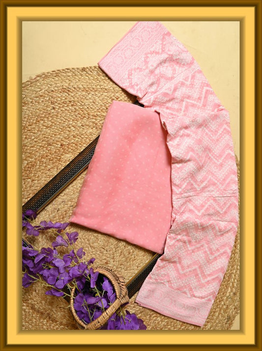 Pink Hand Printed Organza Silk Suit (Unstitched) – From Varanasi