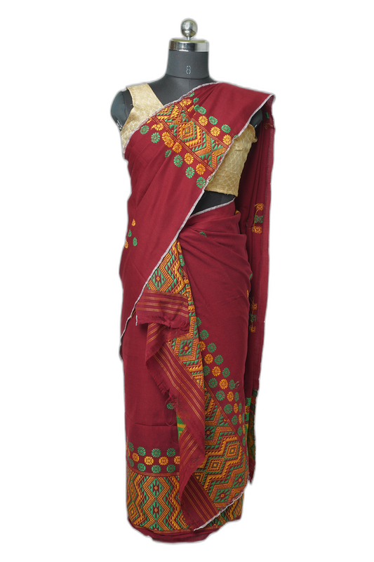 Maroon Mising Garo Sador Mekhela