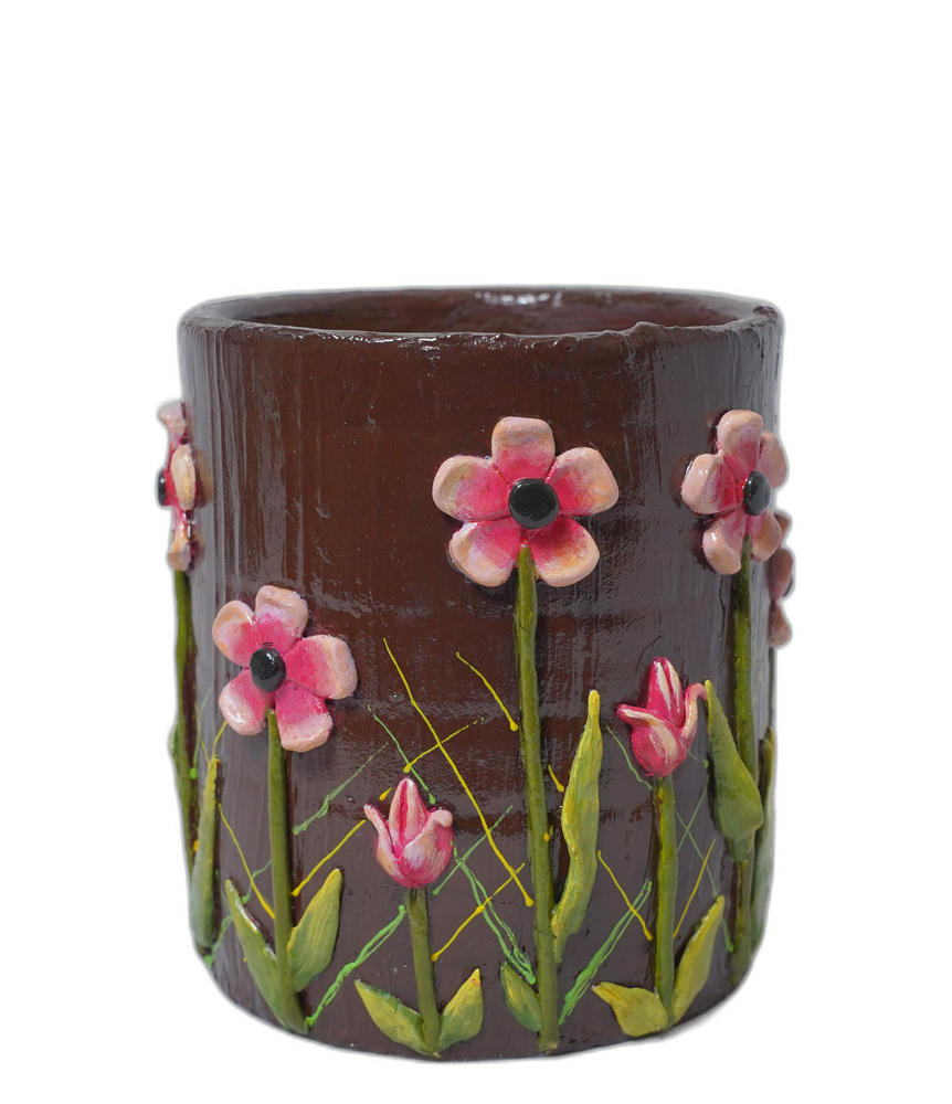 Handmade Round Flower Pot – Small (Pink Flowers)
