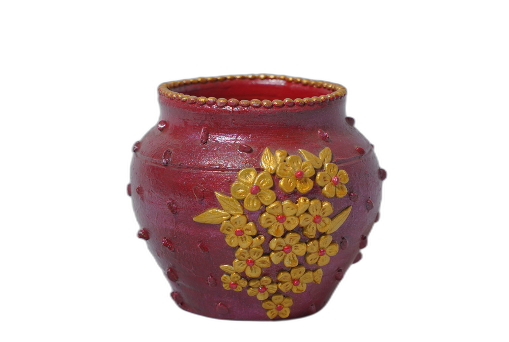 Handmade Round Flower Pot – Medium (Golden Flowers)
