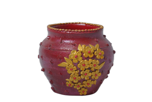 Handmade Round Flower Pot – Medium (Golden Flowers)