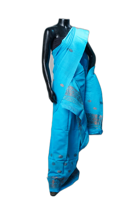 Masrize Cotton Mekhela Sador – Blue with Golden Motifs