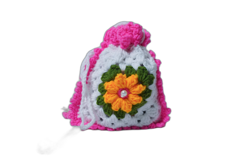 Handmade Small Crochet Handbag – Pink and White with Floral Motif