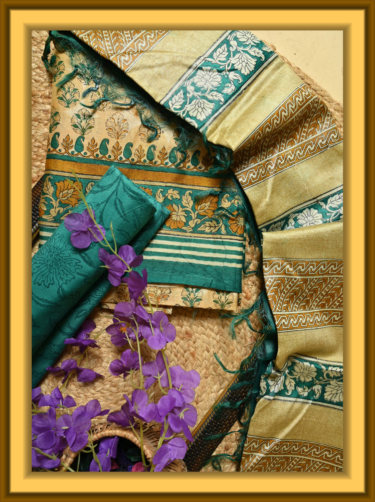 Block Printed Chanderi Green and Blue Cotton Suit (Unstitched)