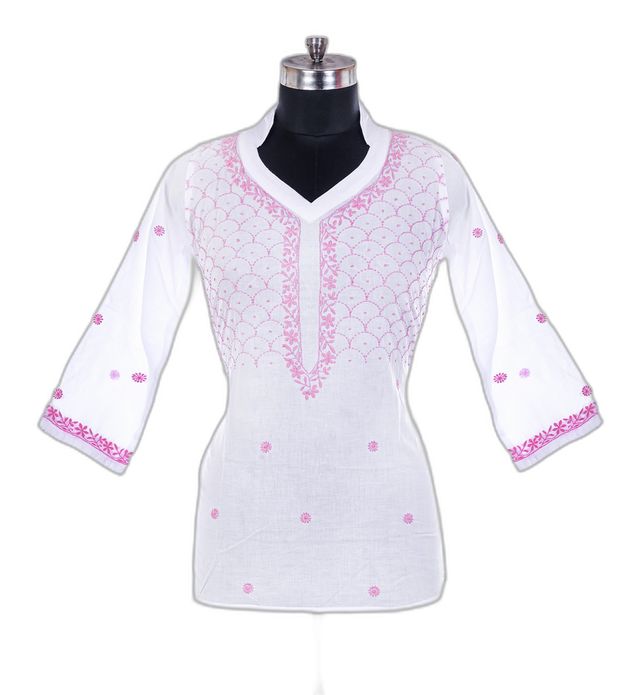 White Short Top with Pink Embroidery