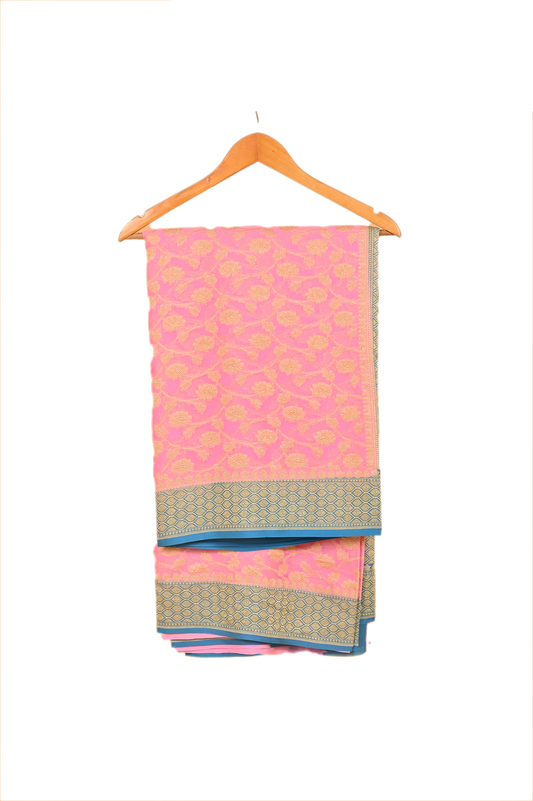Pink Blue Chiffon Silk Saree