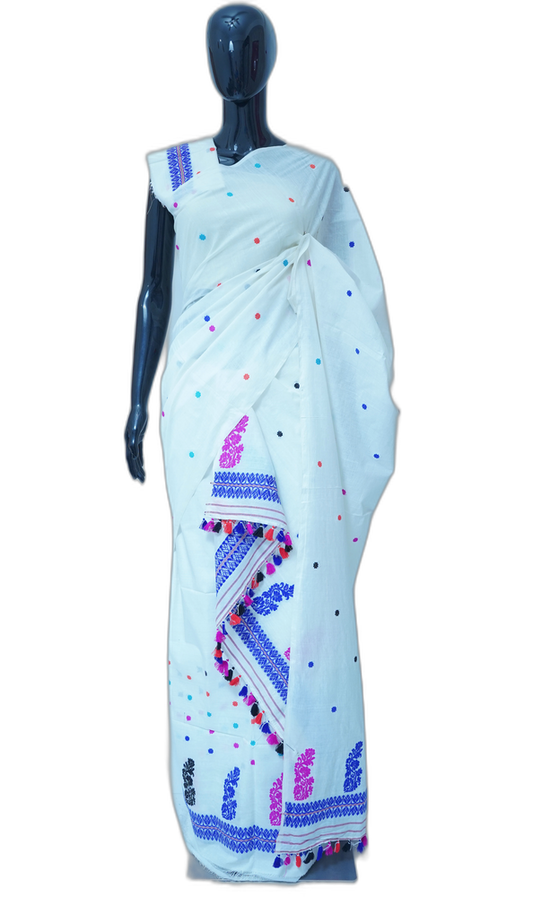 Assam Silk by Cotton Mekhela Sador – White with Blue and Violet Motif Border