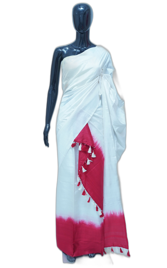 Pure Kesa Paat Assamese Silk Mekhela Sador – White and Pink