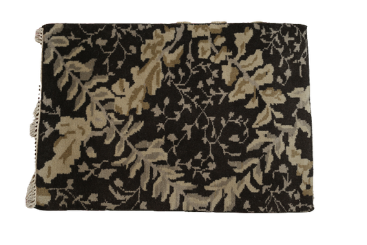 Hand-Knotted Semi-Wool Carpet – Black with Brown & Beige Design