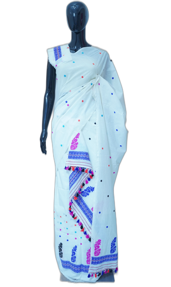Mekhela Sador – Assamese Style Thread Work (White with Blue and Violet Motif Border)